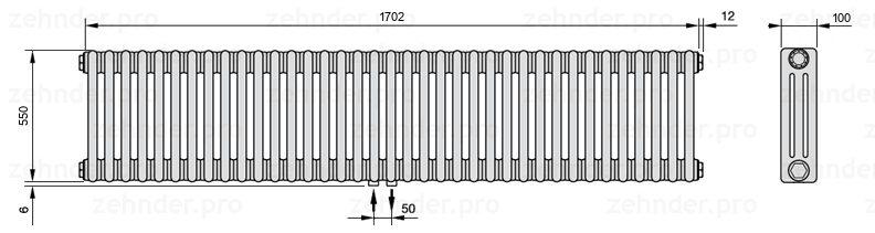 Схема (чертеж) Радиатор Zehnder Charleston 3055/37 №3470 Белый глянцевый RAL 9016